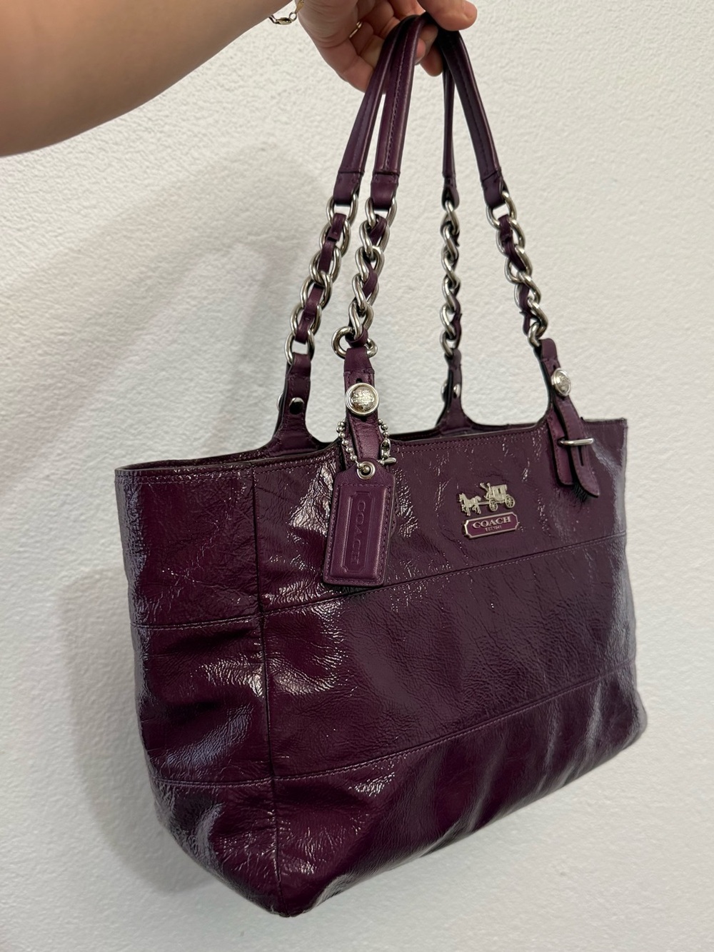 Vintage Coach Tribeca Plum Patent Leather Silver Chain Tote Bag   USED ONCE